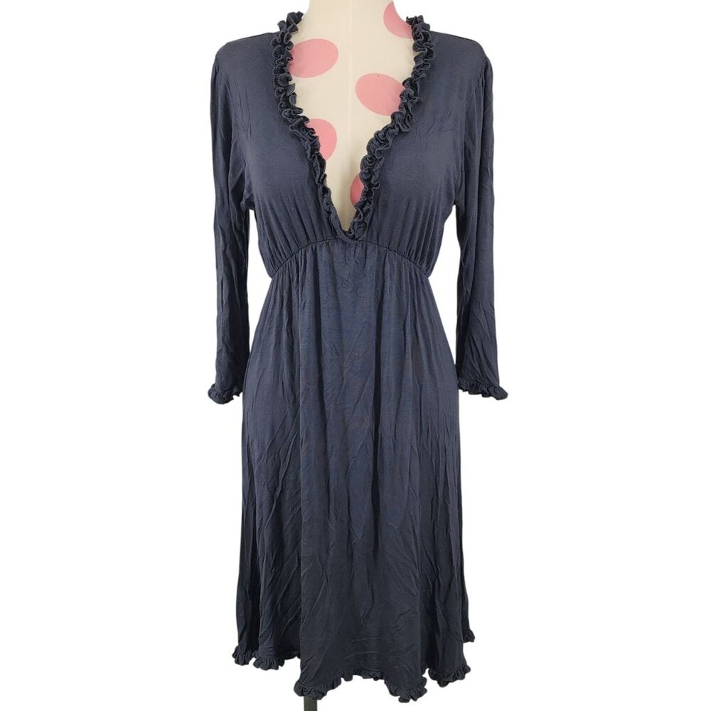 Women's Yahada Grey Dress Ruffle Detail Small Soft Flowy Empire Waist Plunge Nec